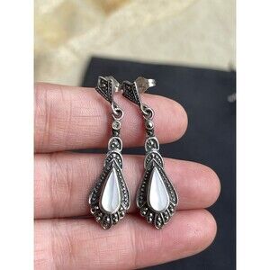 925 Sterling Silver - DESIGNER SU Pearl And Marcasite Dangle Post Earrings